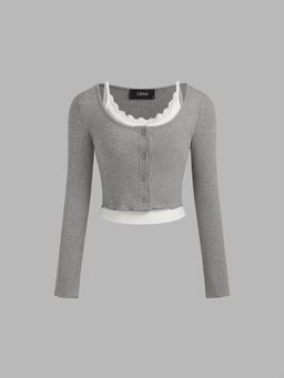 Cider - Rib Button Long Sleeve Top With Ruffle Hem Cami Top