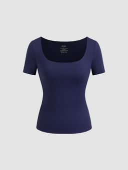 Cider - Contour Double Layered U-neckline Solid Short Sleeve Top