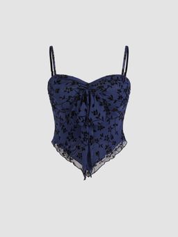 Cider - Mesh V-neck Floral Lettuce Trim Knotted Crop Cami Top