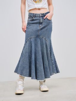 Cider - High Stretch Cider Denim Mid Rise Solid Ruffle Mermaid Maxi Skirt