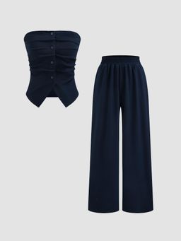 Cider - Solid Button Tube Top With Mid Rise Solid Wide Leg Trousers