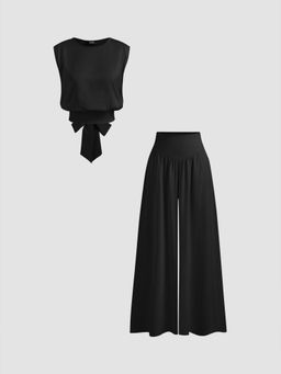 Cider - Satin Round Neckline Solid Knotted Top & Mid Rise Pocket Wide Leg Trousers Set