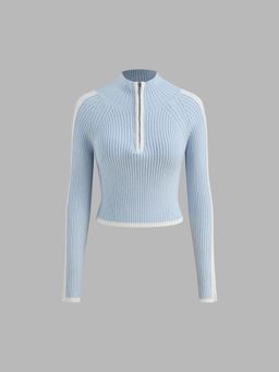 Cider - Knit High Neck Solid Rib Zipper Contrasting Binding Crop Top
