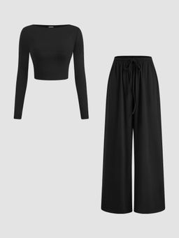 Cider - Round Neckline Solid Crop Tee & Mid Rise Knotted Straight Leg Trousers