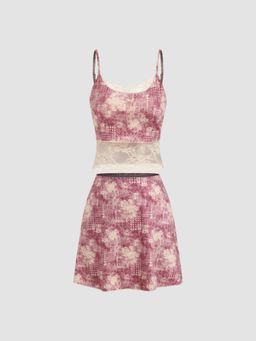 Cider - Scoop Neckline Floral Lace Crop Cami Top & Mid Rise Floral Mini Skirt Set