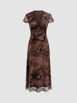 Cider - Mesh V-neck Floral Ruffle Knotted Midi Dress
