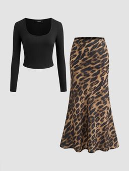 Cider - Scoop Neckline Solid Long Sleeve Crop Top & Mid Rise Leopard Ruffle Maxi Skirt Set