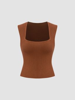Cider - Knitted Square Neck Solid Rib Tank Top