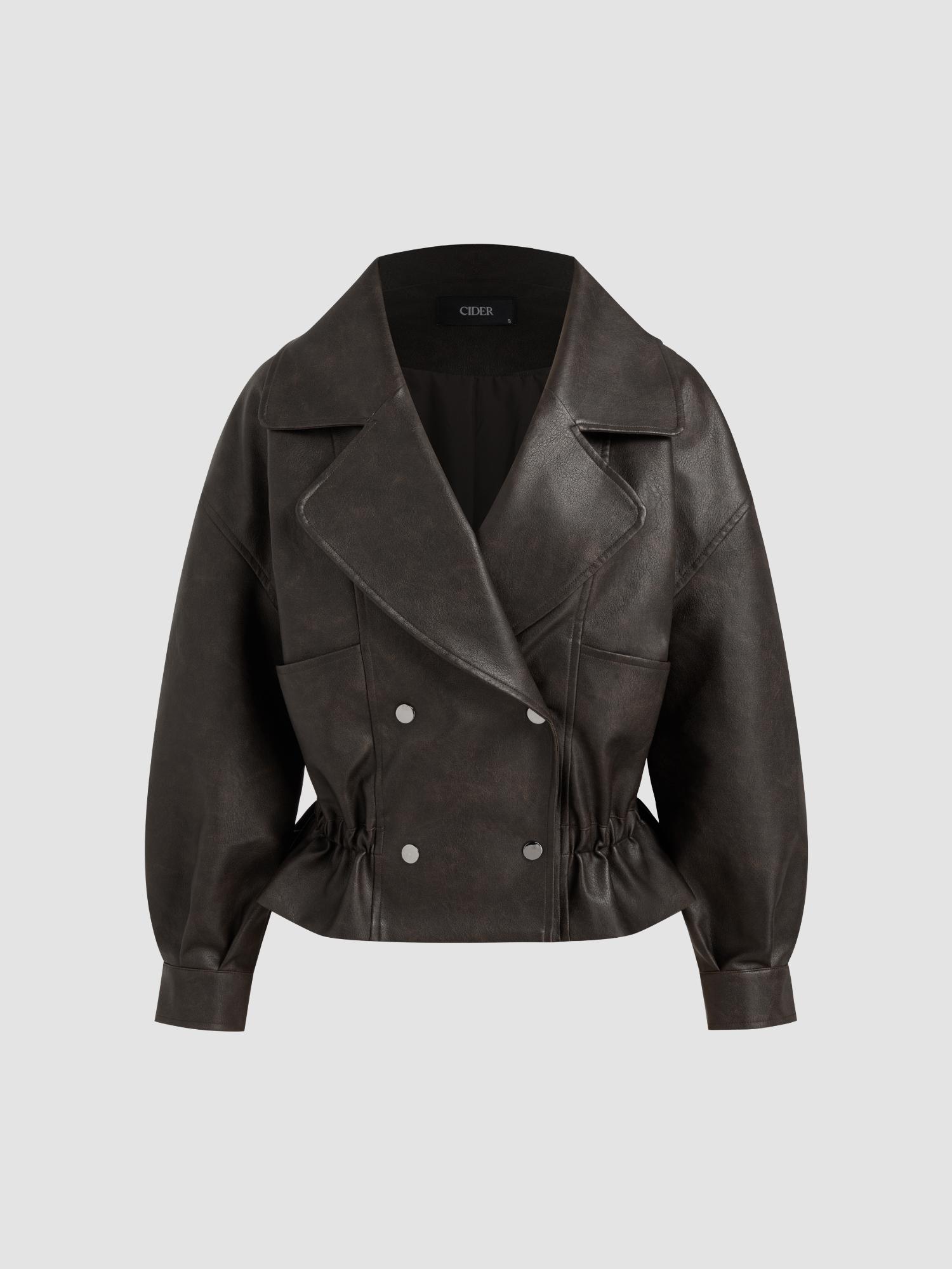 cider Oversized Faux Leather Ruffle Double Breasted Jacket-picture-36