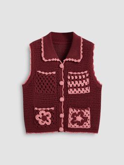 Cider - Knitted Collar Floral Hollow Out Crop Vest