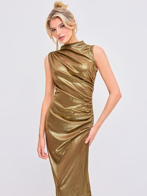 Buy Cider Metallic Stand Collar Solid Ruched Midi Dress (XXS) Online