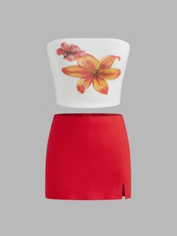 Cider - Cotton-blend Floral Crop Tube Top & Mid Rise Solid Split Mini Skirt Set