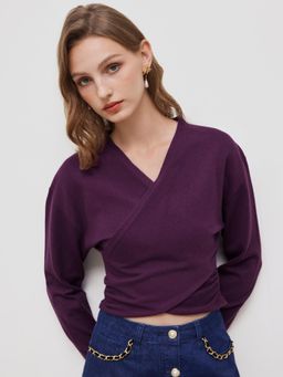 Cider - Knit V-neck Solid Ruched Long Sleeve Top