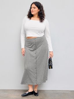 Cider - Square Neck Solid Top & Mid Rise Gingham Button Maxi Skirt Curve & Plus