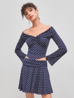 Cider - Off-shoulder Polka Dot Asymmetrical Top & Mid Rise Ruched Mini Skirt Set
