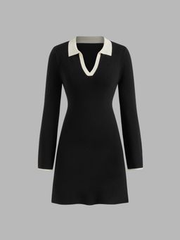 Cider - Knitted V-neck Solid Contrasting Binding Long Sleeve Mini Dress