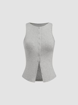 Cider - Round Neckline Solid Button Crop Tank Top