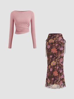 Cider - Round Neckline Solid Ruched Top & Mesh Mid Rise Floral Knotted Maxi Skirt