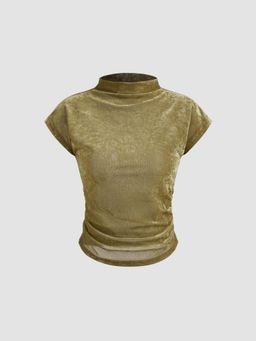 Cider - Mesh High Neck Ruched Short Sleeve Top