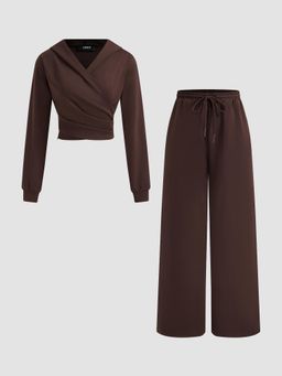 Cider - Cotton-blend Solid Ruched Hoodie & Mid Rise Elastic Waist Knotted Straight Leg Trousers