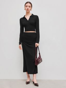 Cider - Collar Solid Long Sleeve Crop Top & Mid Rise Ruched Maxi Skirt Set