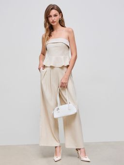 Cider - Strapless Solid Ruffle Tube Top & Mid Rise Pleated Pocket Wide Leg Trousers Set