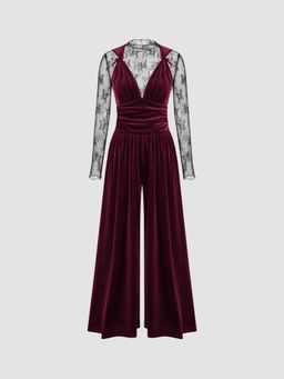 Cider - Round Neckline Floral See-through Top & Velvet V-neck Solid Ruched Wide Leg Jumpsuit