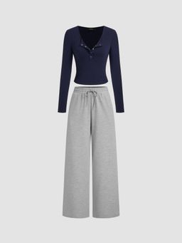 Cider - Round Neckline Solid Button Crop Top & Mid Rise Knotted Wide Leg Trousers Set