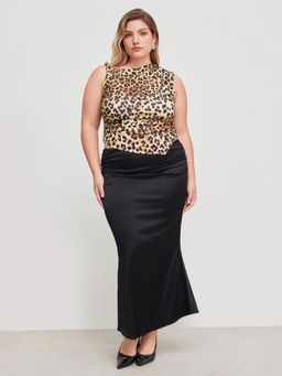 Cider - Asymmetrical Neck Leopard Ruched Tank Top & Mid Rise Solid Mermaid Maxi Skirt Curve & Plus