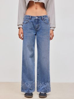 Cider - Denim Low Rise Flared Embroidery Pocket Straight Leg Jeans