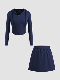 Cider - Cotton-blend Solid Zipper Hoodie & Mid Rise Elastic Waist Pocket Mini Skirt Set