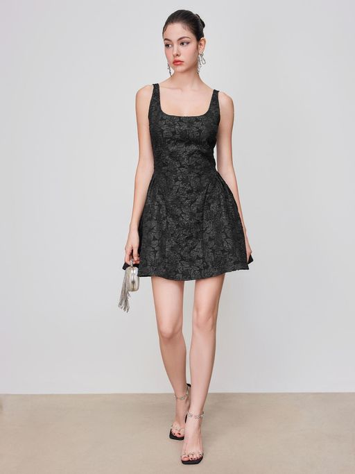 jacquard square neck floral mini dress Square-Neck Floral Jacquard Mini Dress