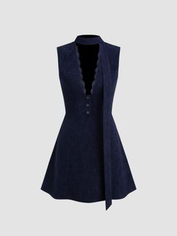 Cider - Corduroy V-neck Solid Lace Mini Dress