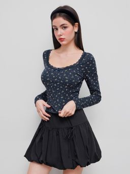 Cider - Cotton-blend U-neckline Ditsy Floral Lace Trim Cropped Top