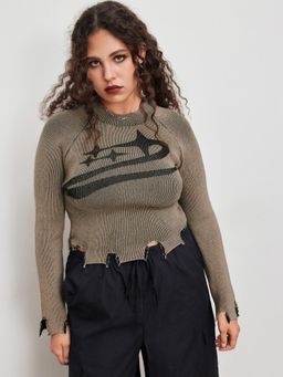 Cider - Knit Asymmetrical Star Graphic Long Sleeve Crop Top Curve & Plus