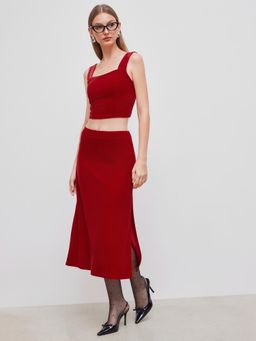 Cider - Velvet Solid Shirred Crop Tank Top & Mid Rise Split Zipper Skirt Set