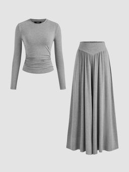 Cider - Round Neckline Solid Ruched Long Sleeve Top & Mid Rise Ruffle Hem Maxi Skirt Set