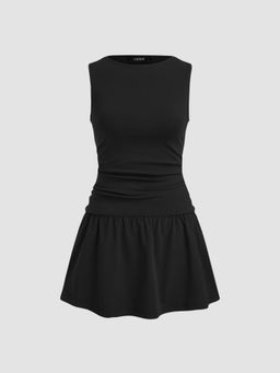 Cider - Cotton-blend Round Neckline Solid Ruched Ruffle Hem Mini Cami Dress