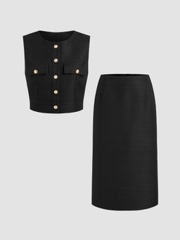 Cider - Round Neckline Solid Button Crop Tank Top & Mid Rise Midi Skirt Set