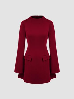 Cider - High Neck Solid Long Sleeve Mini Dress