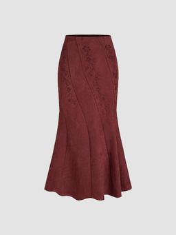 Cider - Suede Mid Rise Floral Ruffle Hem Mermaid Maxi Skirt