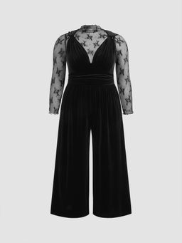 Cider - Round Neckline Floral See-through Top & Velvet V-neck Ruched Jumpsuit Curve & Plus