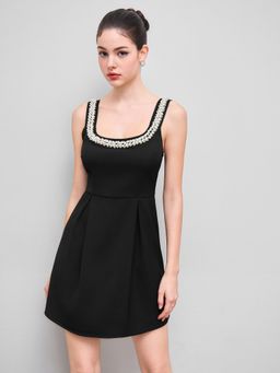 Cider - Square Neck Pearl Trim Ruffle Mini Dress