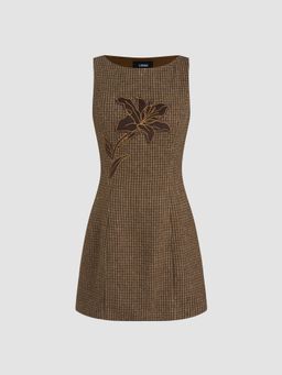 Cider - Boat Neck Houndstooth Floral Applique Mini Dress