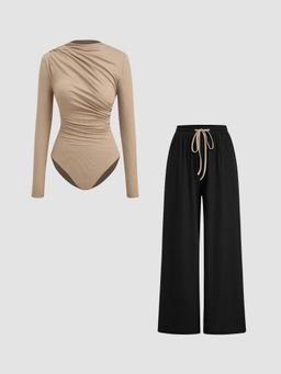 Cider - High Neck Ruched Long Sleeve Top & Mid Rise Wide Leg Trousers Set