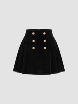 Cider - Velvet High Rise Double Breasted Pleated Mini Skirt