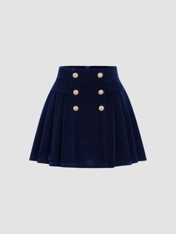 Cider - Velvet High Rise Double Breasted Pleated Mini Skirt