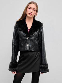 Cider - Faux Leather Collar Button Shearling Jacket