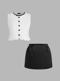 Cider - Round Neckline Bowknot Crop Tank Top & Mid Rise Mini Skirt Set Curve & Plus