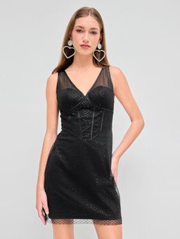 Cider - Mesh V-neck Sequin Corset Mini Dress
